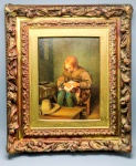 QUADRO - Reprodução muito antiga da pintura a óleo do artista holandês Gerard van Honthorst, intitulada "Menino catando pulgas em um cachorro". A obra, pintada por volta de 1625, retrata uma cena de gênero da vida cotidiana, comum na arte holandesa do século XVII. Med. 30x22 cm e 50x42 cm. Marcas do tempo.