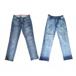 Duas calças jeans com elastano, femininas, Tam. 46, Laço que Faço, bordada nas pernas com strass e Union Bay com bolsos frontais e traseiros  decorados com strass, Cintura 86 e 76, Com. 104 cm.