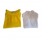 Duas blusas femininas de manga comprida, a amarela Tam. G. by Esquire, bordada nas costas Brasil em pedrarias, a branca Tamanho P. a branca Tam. P.by Sonsay.