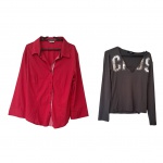 Uma camisa feminina de algodão Tam. 50, manga 3/4 na cor vermelha by Fiore e  uma blusa Tam. M. de poliéster by Cags na cor grafite com bordados de lantejoulas prateadas e costas com franjas, Ombro, 40, Com. 67 e 51 cm.