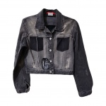 Jaqueta  feminina em Jean Tam. P. 100% algodão by Caos nos Trópicos,  com destroyer e strass do lado direito e  lantejoilas nas costas, ombro 38, Com. 51 cm.