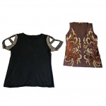 Duas peças femininas sendo uma camisa com manga adornada com esferas e lantejoulas prateadas, Com. 61  e outra by Seiki marrom com lantejoulas douradas, etiqueta P, mas Tam. M).