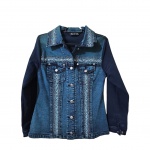 Jaqueta  feminina em Jean Laço que Faço com bordados e strass  na gola e parte frontal, ombro 40, Com. 63 cm.