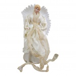 Escultório representando `anja` asas articuladas com iluminação inclusive nas vestes, em aramado, rosto e mãos em resina, vestes em tecido, Alt. 40 cm.