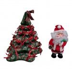 Árvore de Natal executada de forma artesanal em tecido e um escultório musical representando Papai Noel, (O topo da árvore está decolado). Alt. 367 e 26 cm.