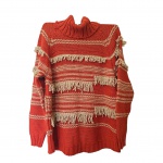 Blusa em lã manga comprida by Damer na cor ferrugem e creme com franjas e gola rolê, Tam. G,