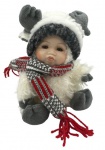 Bebê de porcelana, provavelmente europeia, com roupa de alce. Altura da boneca: 16,5cm