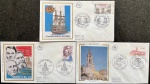 França - Seleção de 3 envelopes FDC's com selos e carimbos comemorativos. Esta rara emissão de envelopes foi confeccionada com a ilustração do envelope em seda e em excelente qualidade e conservação! Oportunidade!