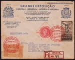 Brasil 1937 - Muito raro envelope timbrado da Exposição Agrícola com selos comemorativos e carimbos de registro e comemorativo em vermelho! Peça circulada para São João da Boa Vista com recepção no verso!