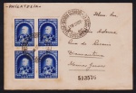 Brasil 1939 - Envelope circulado para Diamantina com quadra do selo comemorativo Caxias. Carimbo do Distrito Federal - RJ. Verso com recepção!