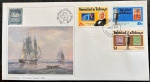 Trindade e Tobago - SELO SOBRE SELO. Envelope FDC com série completa de selos e carimbos comemorativos em perfeito estado de conservação! Estes envelopes são bastante raros de tiragem muito limitada e fazem parte de uma coleção denominada Fleetwood Golden Jubilee. Oportunidade!