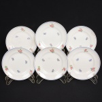 FAIANÇA, seis (6) pratos para sobremesa, ornamentação floral policromada, borda com friso na tonalidade azul, manufatura SANTO EUGÊNIO (São José dos Campos, SP, 1921 a 1967, fundada por Eugênio Bonadio que faleceu antes mesmo da inauguração e foi substituído pela sua esposa Anna Bonadio, produzia azulejos e louças de mesa; em 1967 foi desativada), um deles quebrado e colado na borda, medindo 18,5 cm diâmetro, sinais de uso, vide foto.