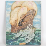 FAUSTO, uma (1) talha policromada, representando As Nereides enviadas por Vênus, afastam a nau de Vasco da Gama do perigo  Lusiadas, assinada no CID, medindo 35,5 x 45 cm.