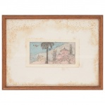 CLÁUDIO GARCIA, uma (1) gravura retratando paisagem com casarios e avião, envidraçada, medindo com moldura 22 x 17 cm.