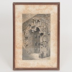 LITO, uma (1) representando Porta Occidental da Egreja dos Jeronymos em Belém, extraída de livro, envidraçada, medindo com moldura 19 x 28 cm.