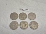 Lote de 6 moedas de 200 reis, datadas de 1901.