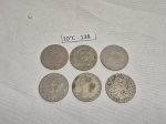 Lote de 6 moedas de 200 reis, datadas de 1901.