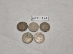 Lote de 5 moedas de 100 reis, edição Getulio Vargas, décadas de 30/40.