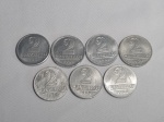 Brasil - 7 Moedas de 2 cruzeiros em alumínio, datado de 1957 à 1961, período Cruzeiro (1942-1986).