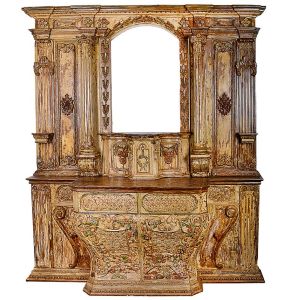 Grandioso conjunto escultórico composto por <b>altar de capela </b>com nicho central. Apresenta falso sacrário na parte inferior, colunas laterais frisadas em baixo relevo e mesa de celebração de movimento "bombée". Belíssima proporção dos entalhes de motivos vegetais de concepção barroca já com influência neoclássica. Pátina e douração de época. Séc. XVIII. Med. 280 x 242 x 67 cm