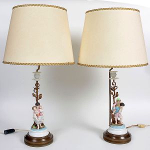 <b>Par de "abatjours"</b>, com bases em "biscuit" policromado representando pais e filhos em cena campestre. Estrutura metálica com haste em bronze patinado ornamentado por folhagens e "bobèches". Cúpulas em tecido claro com passamanaria dourada. Alt. 40 cm cada
