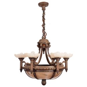 <b>Lustre </b>em bronze, ornado por copos de vidro fosco em forma de flor. Estrutura decorada com elementos trabalhados em relevo, suspensa por corrente robusta. As cúpulas em vidro leitoso conferem luz suave e difusa.