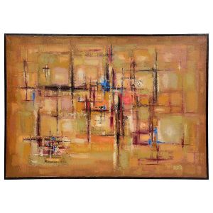 <b>BENJAMIN SILVA</b><Br>(1927)<Br>Composição em Ocre<Br>Óleo s/ tela<Br>Ass. e datado 2-959, cie<Br>Ass., titulado, situado e datado, Rio de Janeiro - Brasil - fevereiro 1959, no verso<Br>73 x 100 cm