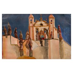 <b>EMERIC MARCIER</b><Br>(1916-1990)<Br>Santuário do Bom Jesus de Matosinhos em Congonhas (MG) com os 12 profetas de Aleijadinho<Br>Óleo s/ tela<Br>Ass. e datado 74, cid<Br>72 x 100 cm