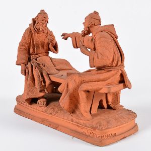 <b>Sebastiano Grasso</b>. Escultura italiana em terracota representando dois personagens orientais em jogo de cartas, sentados em banco. Assinada na base. Alt. 15 cm