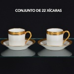 <b>Conjunto de 22 xícaras de café com pires </b>em porcelana francesa Limoges decorada com filetes a ouro sobre fundo branco. Marca da manufatura nos versos.