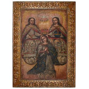 <b>Escola Hispano-americana</b><Br>A Coroação da Virgem Maria<Br>Séc. XVIII<Br>Óleo s/ tela<Br>Belíssima moldura<Br>120 x 80 cm