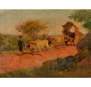 <b>OSCAR PEREIRA DA SILVA</b><Br>(1867-1939) <Br>Carro de Boi<Br>Óleo s/ chapa industrializada<Br>Ass. cie<Br>27 x 35 cm