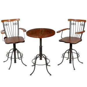 Conjunto composto por <b>mesa alta redonda e duas cadeiras altas </b>em ferro e madeira. Alt. das cadeiras 92 cm