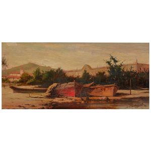 <b>CASTAGNETO, GIOVANNI BATTISTA</b><Br>(1851-1900)<Br>Barcos<Br>Óleo s/ madeira<Br>Ass. e datado 86, cid<Br>18 x 38 cm