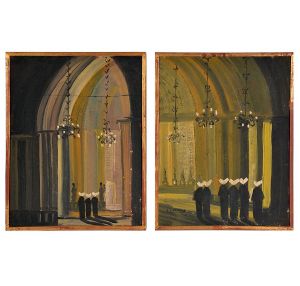 <b>ETTORI VINCITORI</b><Br>Escola Iatliana<Br>Interior de Igreja  Pendant<Br>Óleo s/ tela<Br>Ass. cie<Br>41 x 34 cm