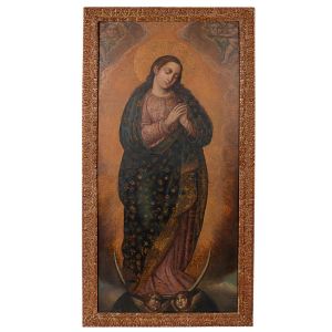 <b>Escola Cusquenha</b><Br>Nossa Senhora da Conceição<Br>Óleo s/ tela<Br>185 x 87 cm