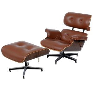 <b>Eames Lounge Chair & Ottoman </b>- Conjunto composto por poltrona e banqueta em madeira curvada e estrutura giratória em metal preto com sapatas reguláveis. Almofadado clássico em couro marrom com botões, seguindo o icônico "design" criado por Charles & Ray Eames.