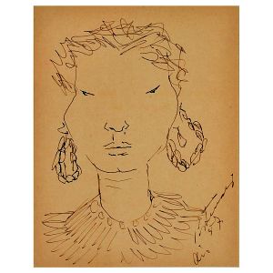 <b>PORTINARI, CANDIDO</b><BR>(1903-1962)<BR>Figura<BR>Desenho a caneta s/ papel<BR>Ass., situado e datado Rio 57, cid <BR>Trabalho executado em frente e verso do "menu" do tradicional restaurante Le Bec Fin - Rio de Janeiro.<BR>25 x 19,5 cm