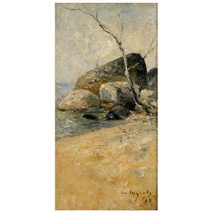 <b>CASTAGNETO, GIOVANNI BATTISTA</b><BR>(1851-1900)<BR>Recanto de Praia<BR>Óleo s/ madeira<BR>Ass. e datado 1899, cid<BR>Apresenta no verso, selo do Museu Nacional de Belas Artes<BR>21,5 x 11 cm