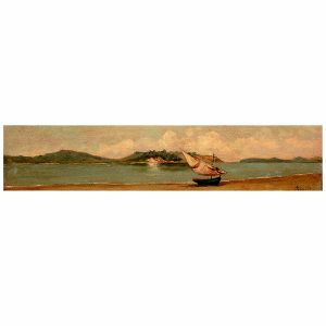 <b>ÉMILI ROUÈDE</b><br>(1848-1908)<br>Escola Francesa<br>Marinha - Litoral de Santos<br>Óleo s/ madeira<br>Ass. cid<br>Apresenta no verso, selo do Museu Nacional de Belas Artes<br>10 x 46 cm
