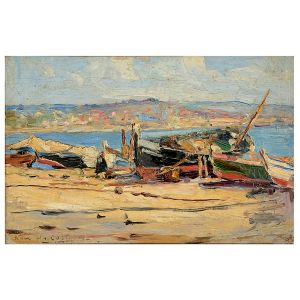 <b>NAVARRO DA COSTA, MÁRIO</b><br>(1883-1931)<br>Marinha<br>Óleo s/ madeira<br>Ass. cie<br>Apresenta no verso selo da Villa Bernini Objetos de Arte<br>16 x 23,5 cm