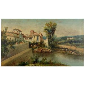 <b>ÉMILE BRIN</b><BR>(1863-1950)<BR>Escola Francesa<BR>Paisagens Rurais da Toscana com Casas e Riacho - "Pendant"<BR>Óleo s/ tela<BR>Ass. cid e cie<BR>60 x 100 cm