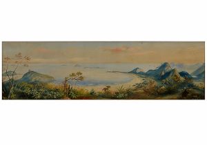 <b>HAGEDORN, FRIEDRICH</b><BR>(1814-1889)<BR>Vista do Rio de Janeiro com a Enseada de Copacabana <BR>Aquarela s/ papel<BR>Ass. e datado 52, cid <BR>39 x 132 cm