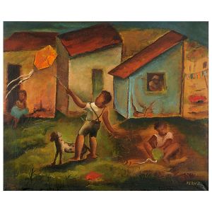 <B>TERUZ, ORLANDO</B><BR>(1902-1984)<BR>Meninos Soltando Pipa<BR>Óleo s/ tela<BR>Ass. cid<BR>Ass., titulado, situado e datado Rio 1963, no verso<BR>40 x 55 cm