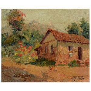 <b>ARMANDO VIANNA</b><BR>(1897-1991)<BR>Casa da Roça<BR>Óleo s/ madeira<BR>Ass. cid<BR>Ass., titulado, situado e datado E. do Rio 1955, no verso<BR>22 x 26 cm