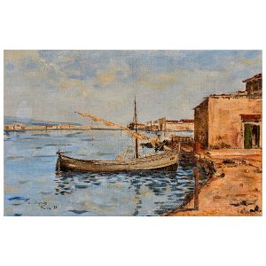 <b>CASTAGNETO, GIOVANNI BATTISTA</b><br>(1851-1900)<br>Paisagem com Barco<br>Óleo s/ tela<br>Ass., situado e datado Toulon 92, cie<br>19 x 29 cm