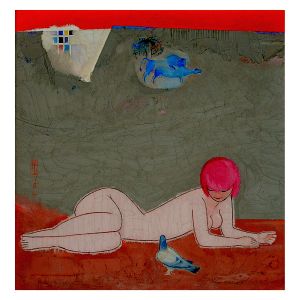 <b>FLORIANO TEIXEIRA</b><br>(1923-2000)<br>Mulher Deitada<br>Óleo s/ tela<br>Ass., situado e datado Salvador 1975, no verso<br>25,5 x 25,5 cm