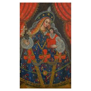 <b>Escola Hispano Americana</b><BR>Virgem dos Andes com o Menino Jesus<BR>Óleo s/ tela<BR>Bela moldura entalhada com douração<BR>76 x 45 cm