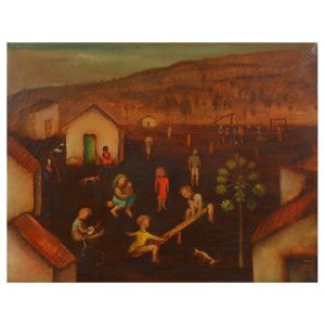 <b>TERUZ, ORLANDO</b><br>(1902-1984)<br>Jogando Gangorra<br>Óleo s/ tela<br>Ass., situado e datado Rio 1966, cie e verso<br>73 x 92 cm