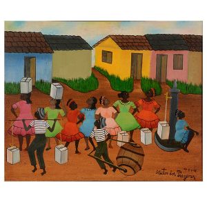 <b>HEITOR DOS PRAZERES</b><br>(1898-1966)<br>Carregando Água<br>Óleo s/ tela<br>Ass., situado e datado Rio 7.6.66, cid <br>50 x 60 cm